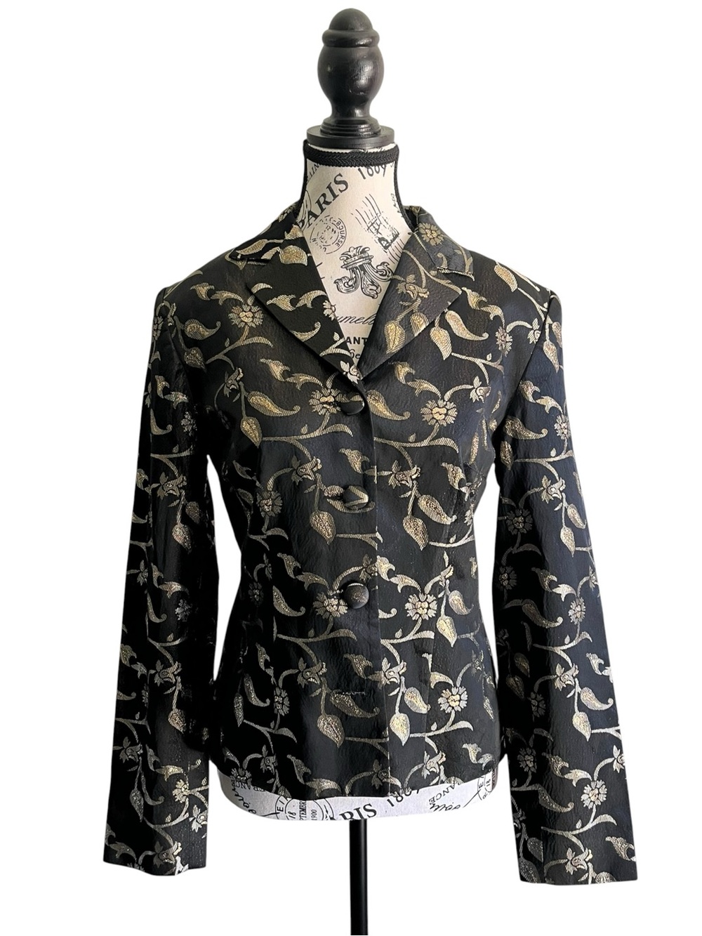 🇨🇦 LOUBEN Vintage Black Gold Floral Brocade Blazer Jacket